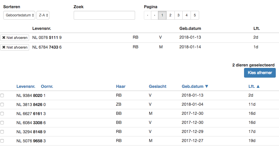 stallijst dieren selecteren