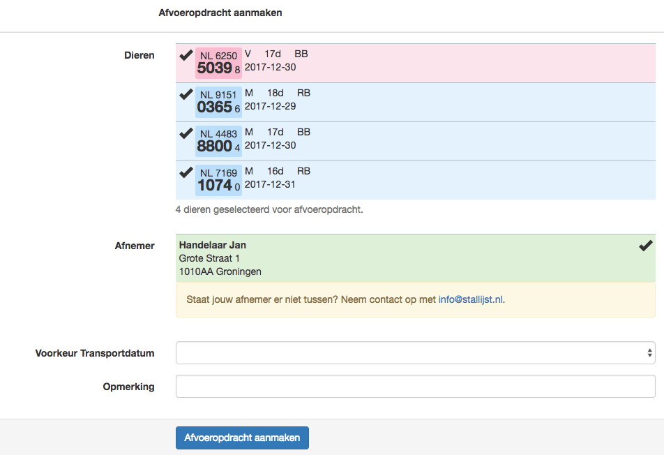 stallijst afvoeropdracht aanmaken
